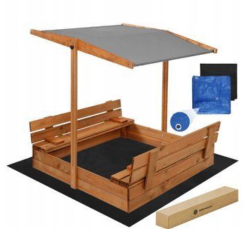 Деревянная песочница Springos SBX120RSET 120х120 см с раскладными скамейками - крышкой, дном и навесом mrl4351 фото